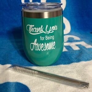 NWOT Cute small teal reusable cup with unused metal straw and brush cleaner 5”